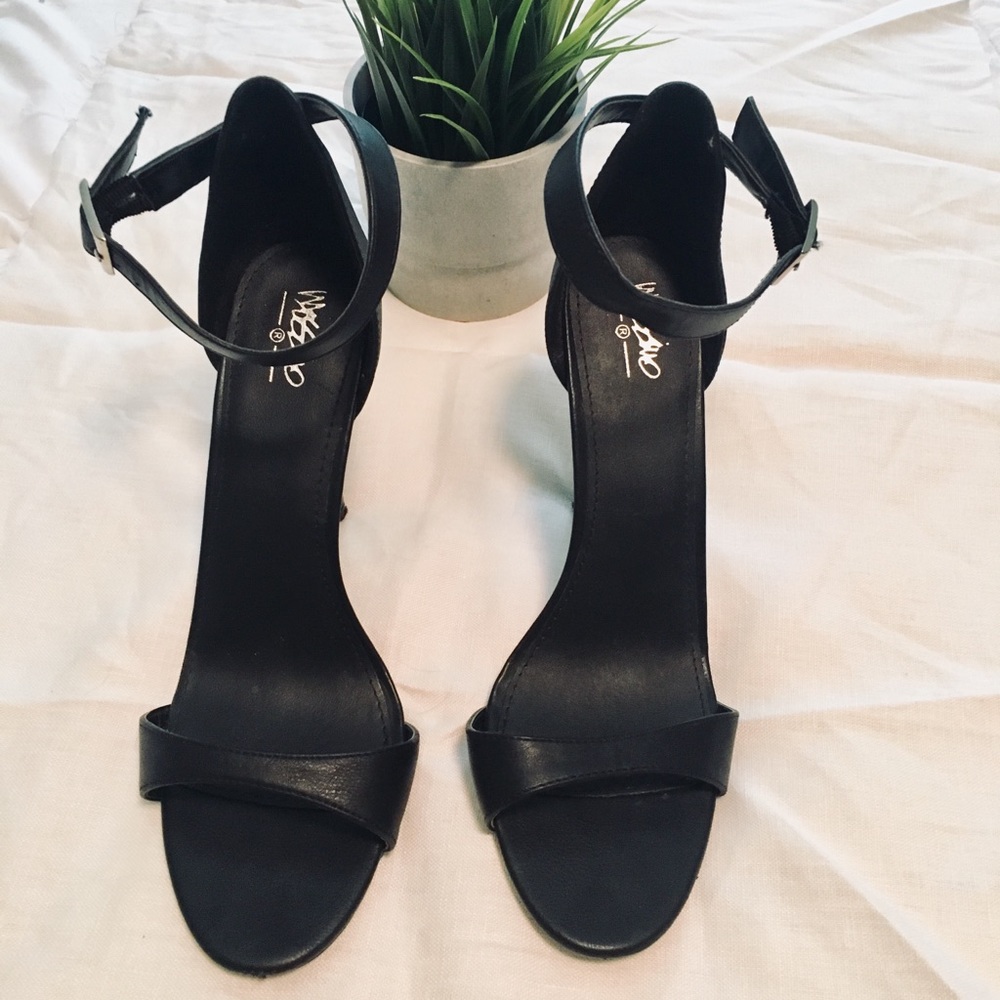 Black faux leather heels